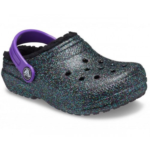 Черные утепленные сабо для девочек CROCS Classic Glitter Lined Clog K