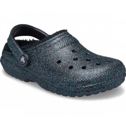 Женские  черные утепленные сабо CROCS Classic Glitter Lined Clog